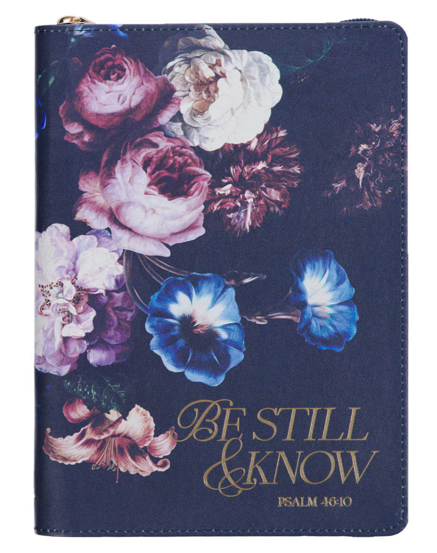 Be Still and Know Midnight Blue Floral Faux Leather Classic Journal with Zipper Closure - Psalm 46:10