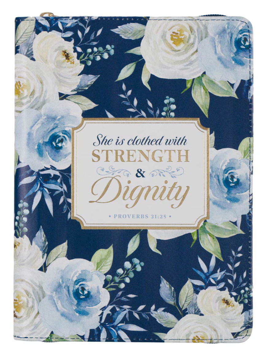 Strength and Dignity Indigo Rose Faux Leather Journal with Zipper Closure - Proverbs 31:25