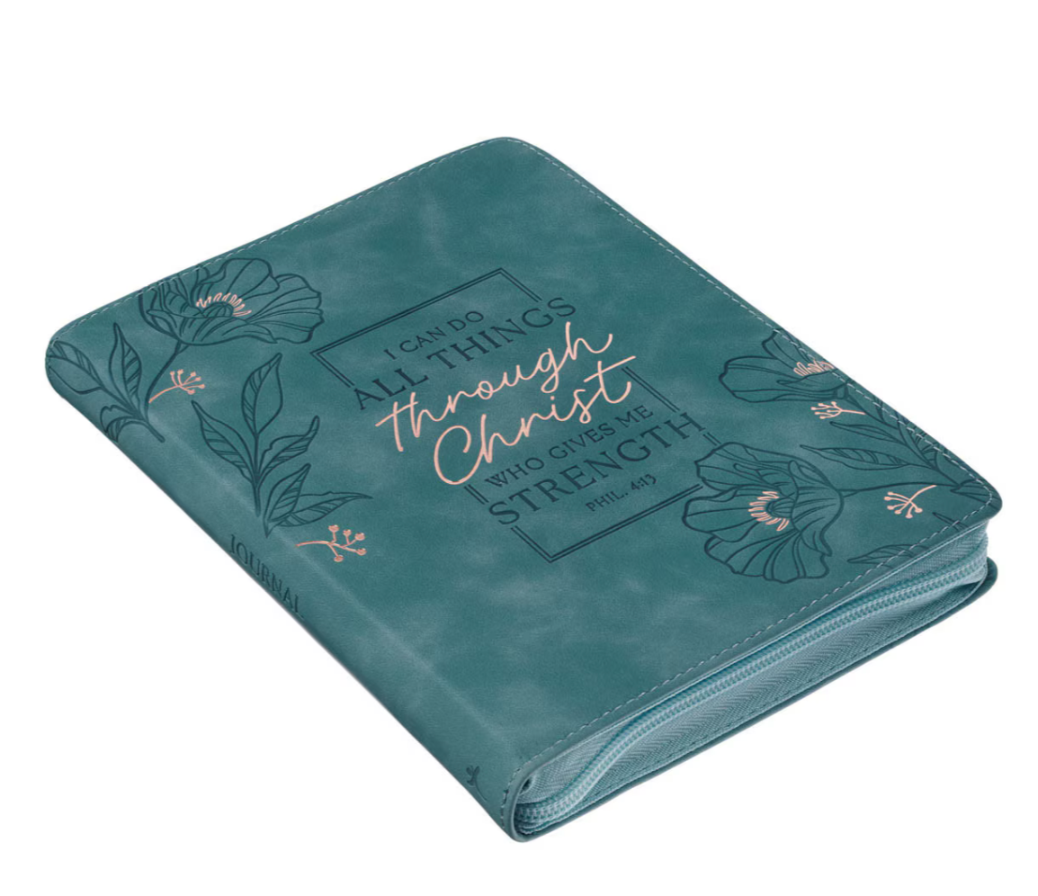 Through Christ Teal Faux Leather Journal with Zippered Closure - Philippians 4:13
