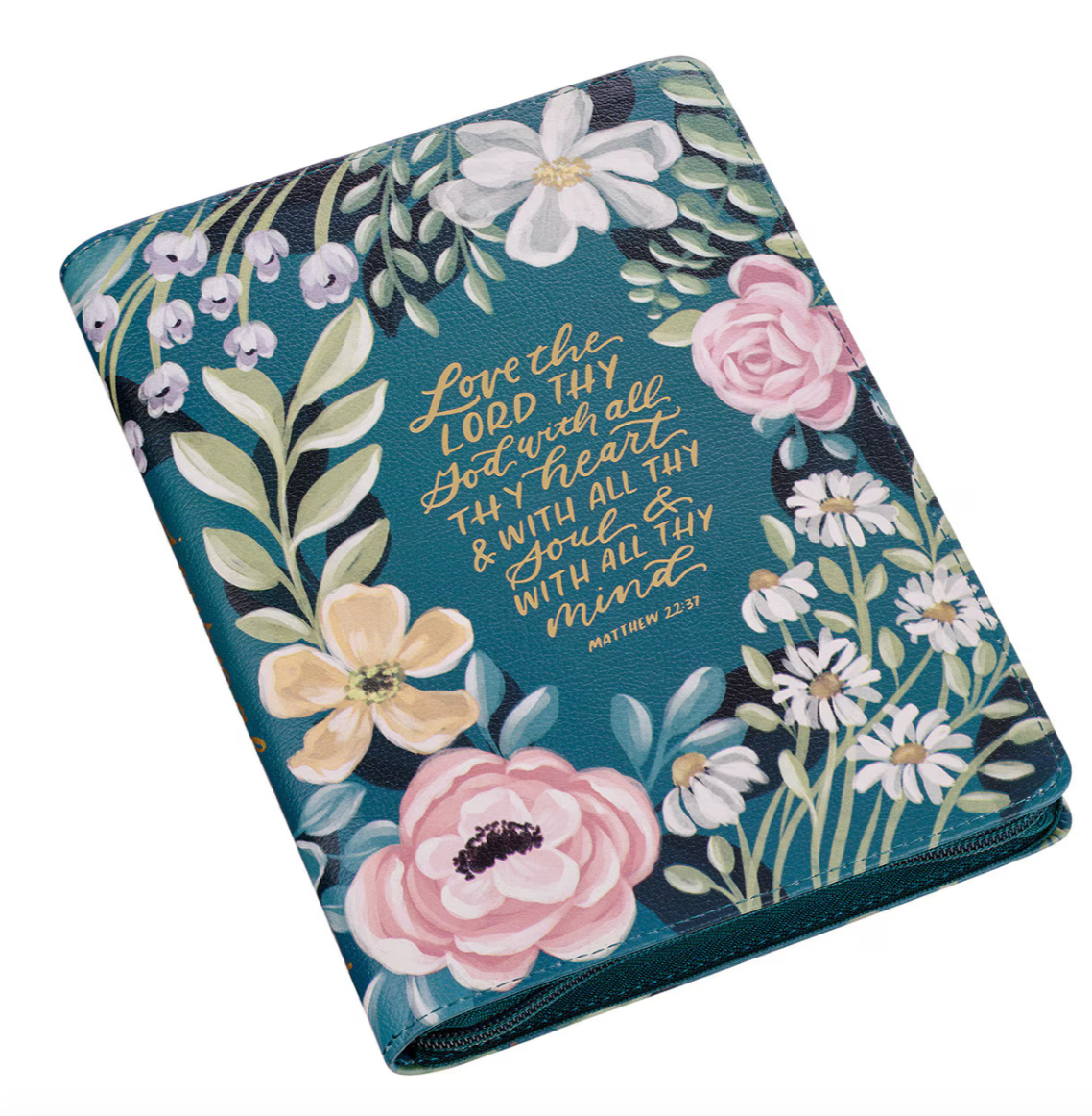 Love the Lord Teal Floral Faux Leather Journal with Zipper Closure - Matthew 22:37
