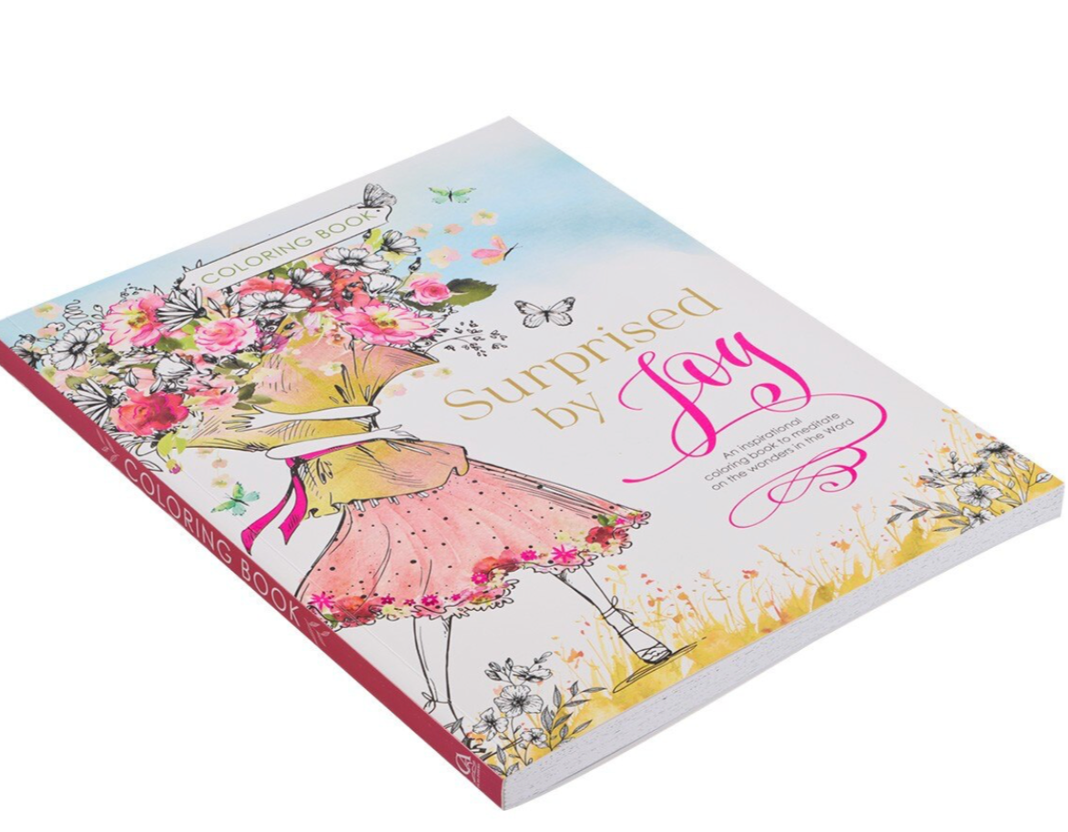 Book titled 'Surprised by Joy' with colorful illustrations on a white background