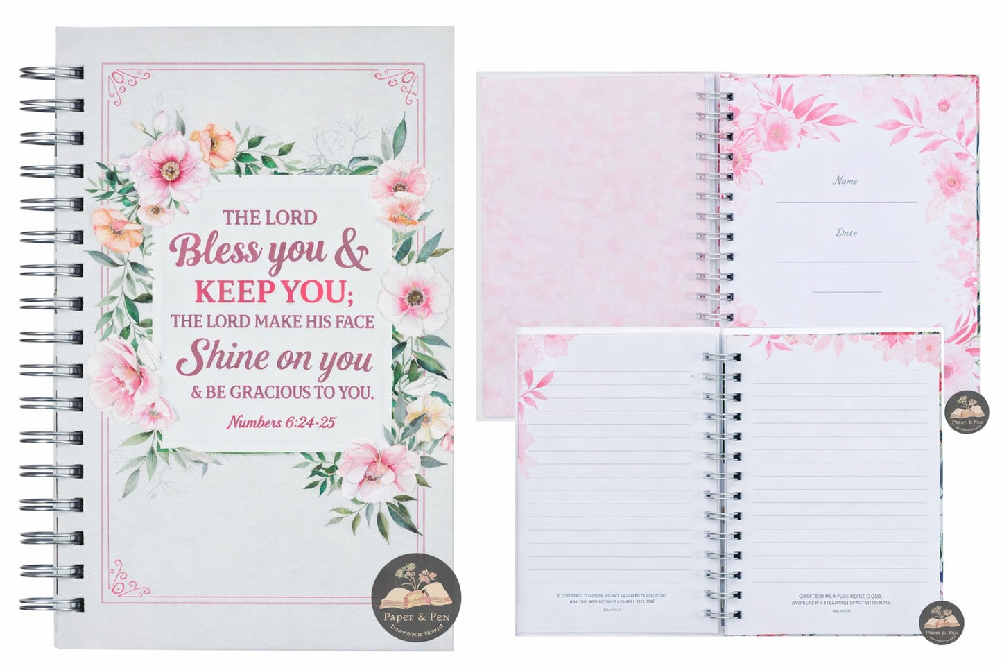 Bless You and Keep You White and Pink Floral Spiral Journal - Numbers 6:24-25