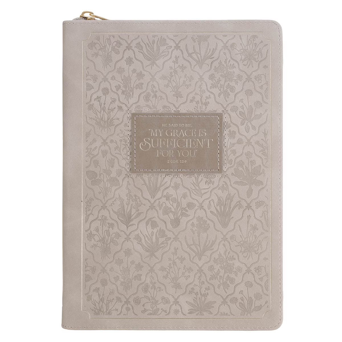 Sufficient Grace Taupe Faux Leather Classic Journal with Zipper Closure - 2 Cor 12:9