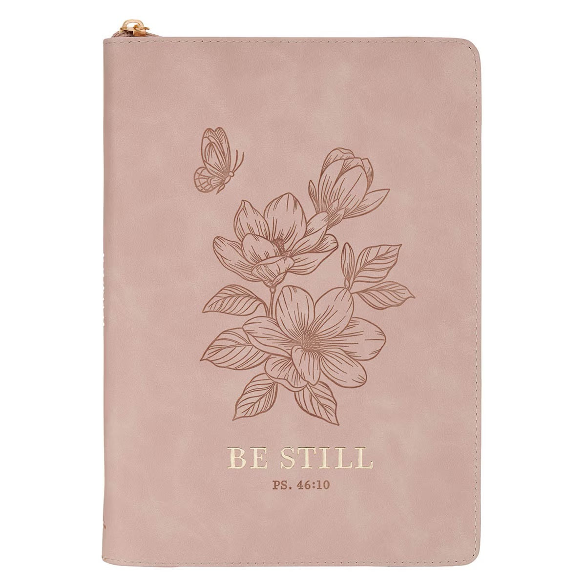 Be Still Pink Floral Faux Leather Classic Journal with Zipper Closure - Psalm 46:10