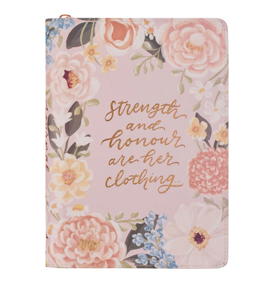Strength and Honor Pink Floral Faux Leather Classic Journal with Zipper Closure