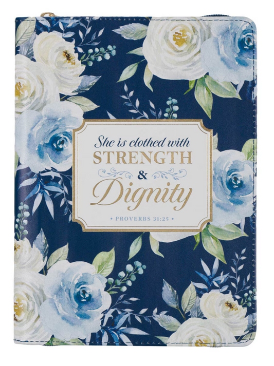Strength and Dignity Indigo Rose Faux Leather Journal with Zipper Closure - Proverbs 31:25