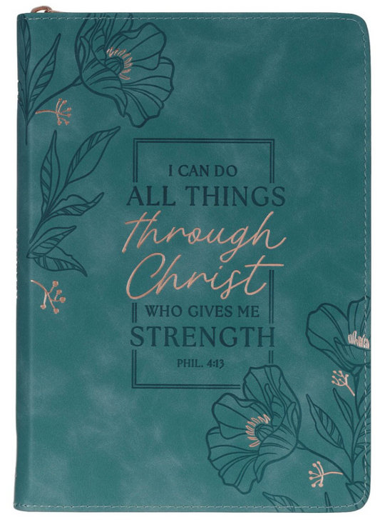 Through Christ Teal Faux Leather Journal with Zippered Closure - Philippians 4:13