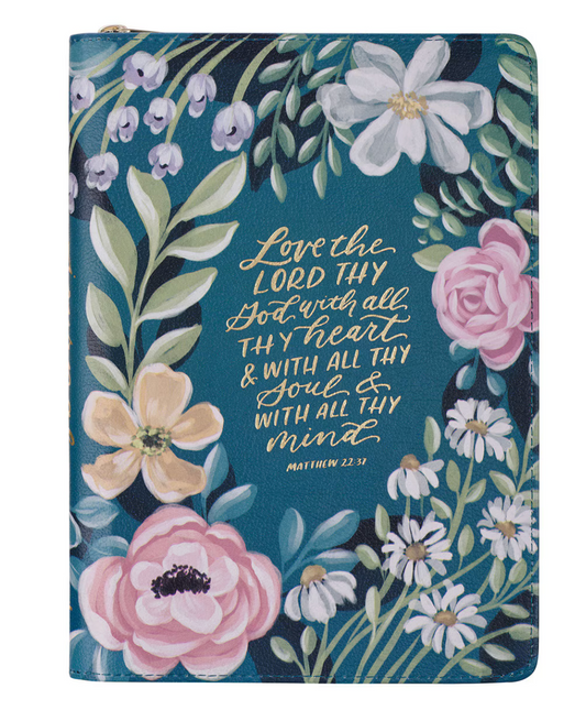 Love the Lord Teal Floral Faux Leather Journal with Zipper Closure - Matthew 22:37